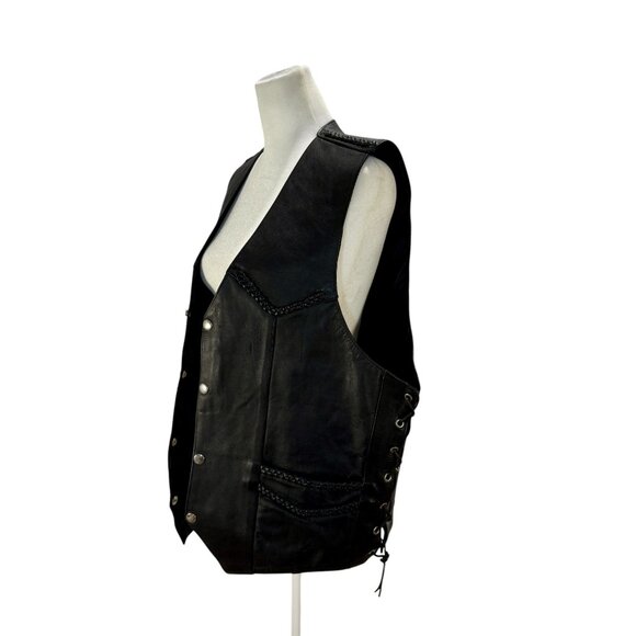 Black Leather Biker Vest with Braided Trim & Lace-Up Sides - Picture 4 of 7